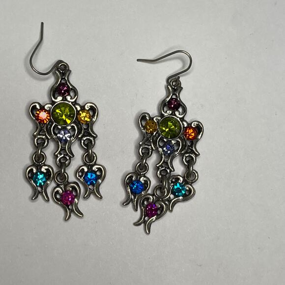 Chico's earrings chandelier dangle pierced silver tone burnished multi colored - Picture 4 of 9